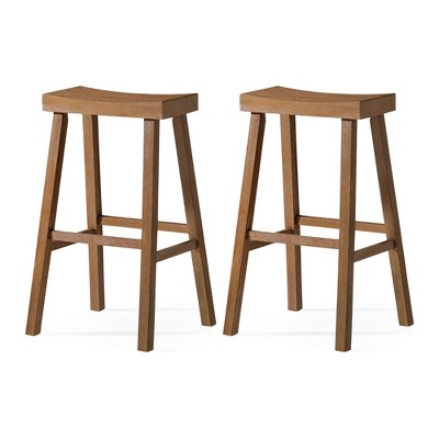 Maven Lane Vincent Backless Rectangular Saddle Kitchen Stool with Rustic Wood Top Seat, Set of 2