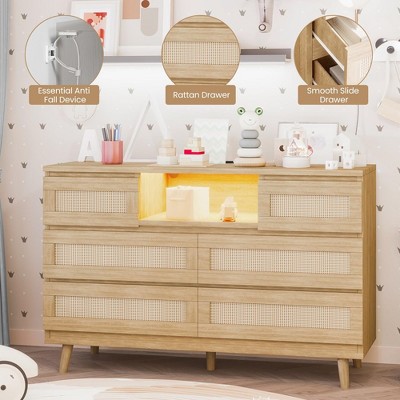 Natural Oak 6-Drawer Rattan Dresser with LED Light and Charging Station