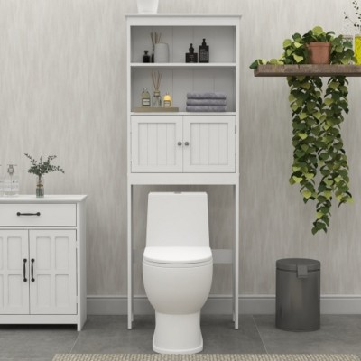 Over Toilet Rack 2-Tier Open Toilet Bathroom Storage, Wooden Free Standing Toilet Bathroom Organizer Cabinet With 2 Doors-Cuddlewood