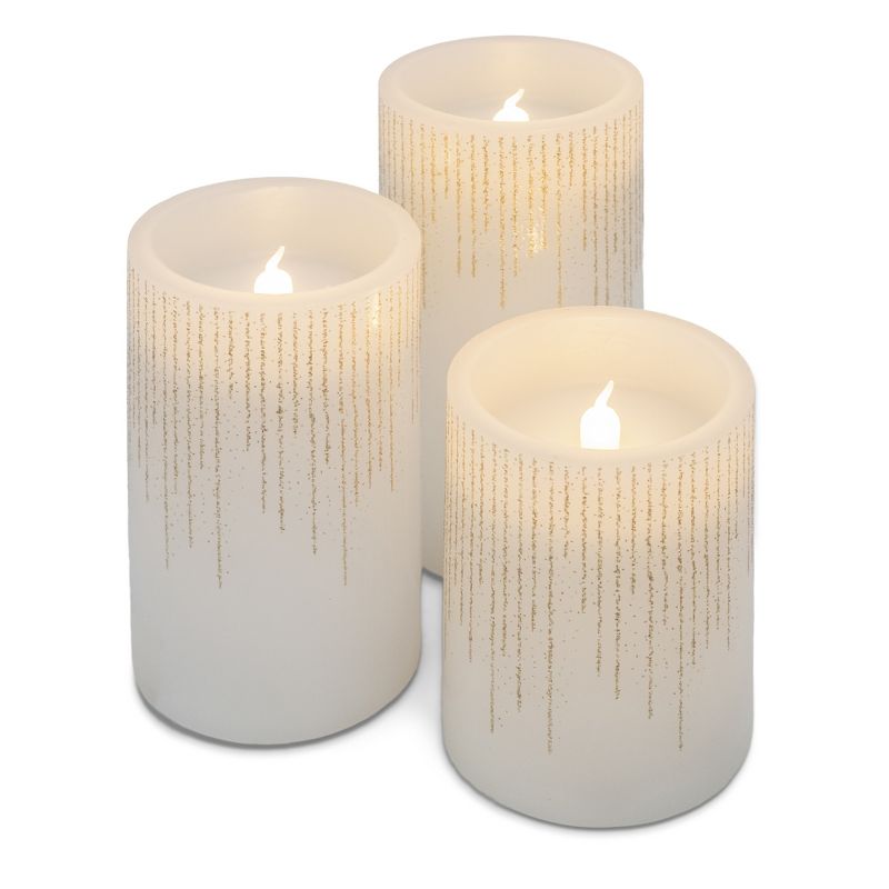 Elanze Designs Raindrop Gold Tone Glitter 6 inch Wax LED Flameless Pillar Candles Set of 3, 1 of 6