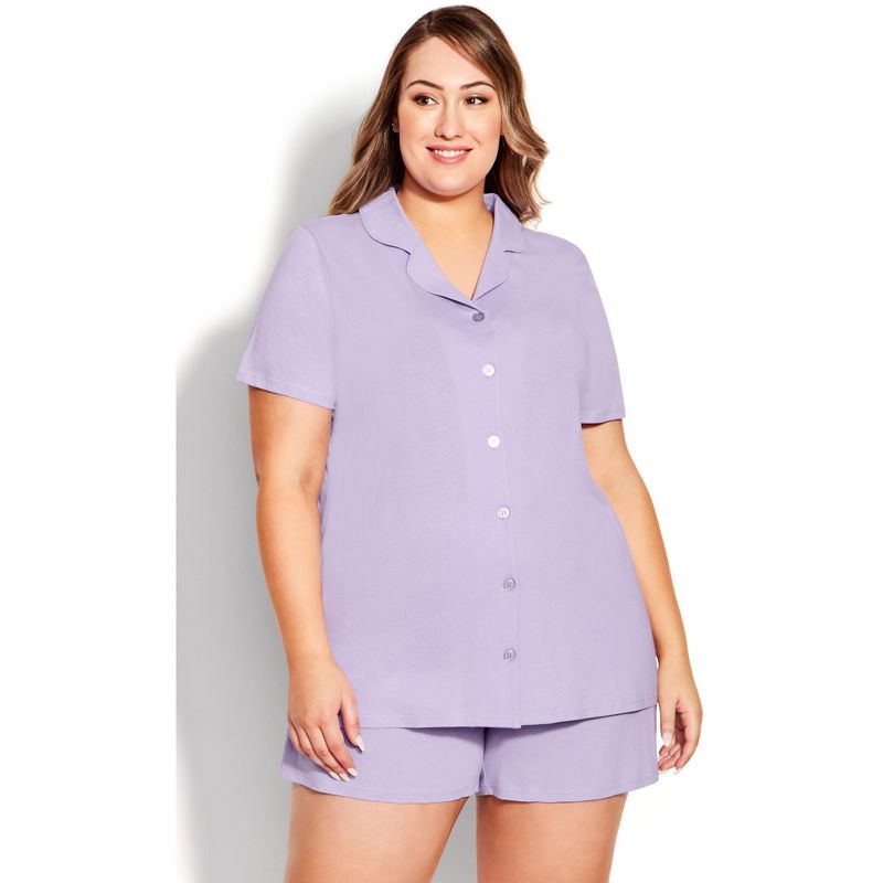 Women's Plus Size Button Short Sleeve Sleep Top - lavender | AVENUE, 1 of 7
