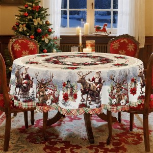 LOVEVOOK Round 60 Inch Christmas Tablecloth, Winter Snowman Trees Red Washable Table Cover for Party Picnic Dinner Holiday Decor - 1 of 4