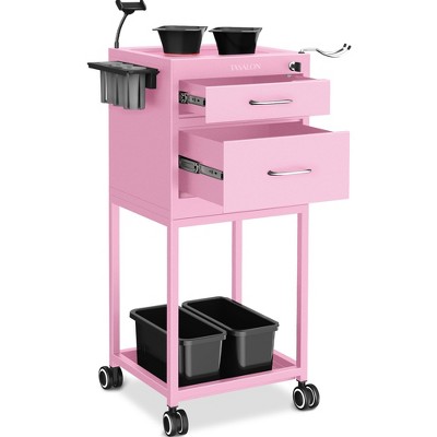 TASALON Lockable Metal Salon Trolley Cart with 2 Magnetic Bowls, Mobile Hair Stylist Station for Tools Storage - Pink