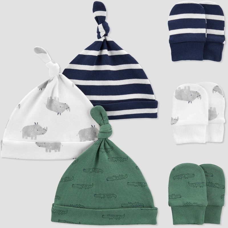 Carter&#39;s Just One You&#174; Baby Boys&#39; 6pk Hat and Mitten Set - Green/Off-White/Navy, 1 of 6