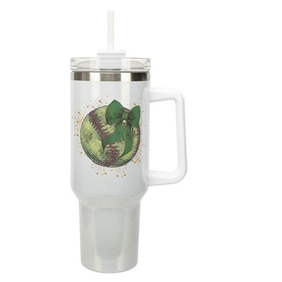 Elanze Designs 40 Ounce Stainless Steel Double Wall Insulated Glitter Travel Tumbler With Handle, Straw, and Lid, Softball With Green Bow White