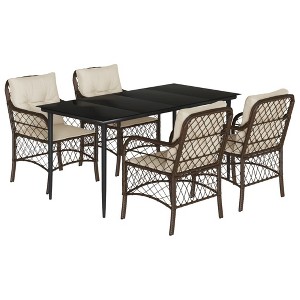 vidaXL 5 Piece Patio Dining Set - Cushioned Brown Poly Rattan Chairs & Tempered Glass Table for Garden, Backyard, Patio, Outdoor - 1 of 4
