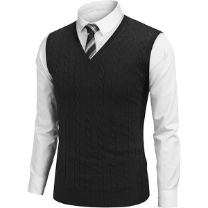 COOFANDY Men's Sweater Vest V Neck Slim Fit Cable Knitted Sleeveless Pullover Sweater - 1 of 4