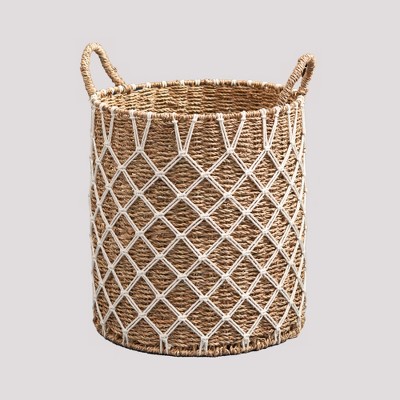JANSNO 15" Handwoven Round Decorative Storage Basket for Laundry, Toys, Magazines, and Towels - Natural