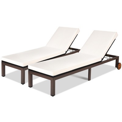 Tangkula 2PCS Patio Adjustable Rattan Recliner Chaise Lounge Chair w/ Cushion Wheels