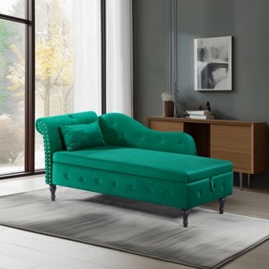 60" Velvet Storage Chaise Lounge - Multifunctional 2-in-1 Tufted Bench with Solid Wood Legs, Nailhead Trim & Included Pillow, 300lb Capacity - 1 of 4