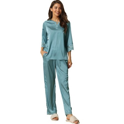 cheibear Womens Satin Sleepwear Lounge with Pants Nightwear 3/4 Sleeves Pajama Set