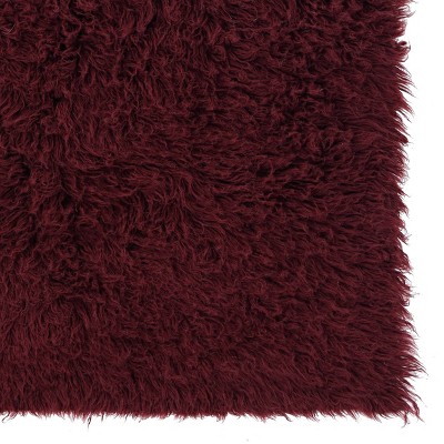 Handmade Burgundy Wool and Synthetic Shag Square Rug