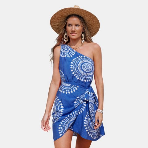 Женские платья Cupshe Women's Cupshe Bohemian Medallion Print One-Shoulder Beach Dress-M-Blue