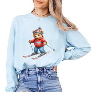 Skiing Bear Watercolor - Women's Garment Dyed Long Sleeve Graphic T-Shirt - 1 of 4