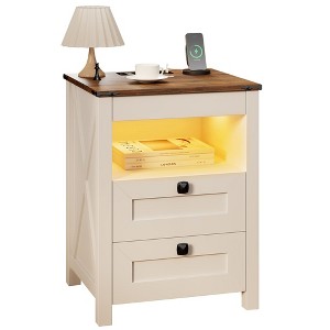 Fredees Country-Style Nightstand with Charging Station, LED Light & Motion Sensor, Intelligent End Table with Storage Drawer for Bedroom - 1 of 4