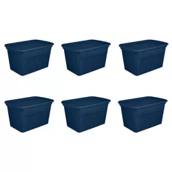 Sterilite Lidded Stackable 30 Gallon Storage Tote Container with Handles and Indented Lid for Efficient, Space Saving Household Storage, Marine Blue, 6 Pack
