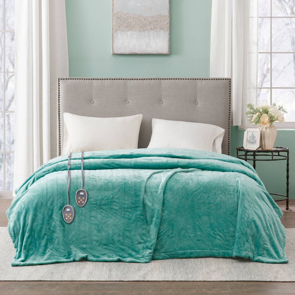 Photos - Duvet Beautyrest Queen Heated Plush Blanket Aqua 