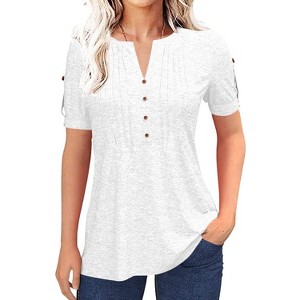 Imily Bela Women's Summer Pleated Button Short-Sleeve T-Shirt, Solid Color V-Neck Casual Top - 1 of 4