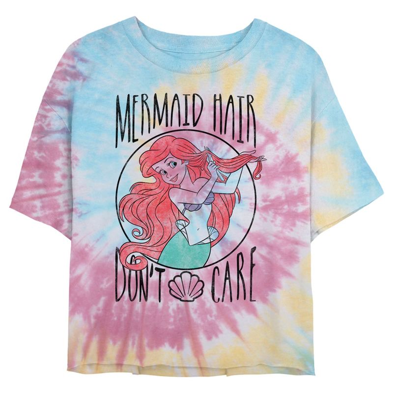 Junior's The Little Mermaid Ariel Hair Don't Care Crop T-Shirt - Tie Dye - X Large, 1 of 4