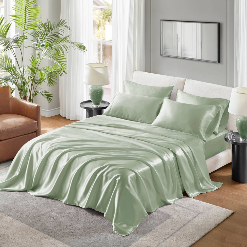 Photos - Bed Linen Madison Park Queen Satin Luxury Sheet Set Sage