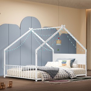 Okak Twin/Full House Metal Bed Frame with Roof & Lights,Modern Floor Platform Bed for Kids Room,Bedroom,No Box Spring Needed - 1 of 4