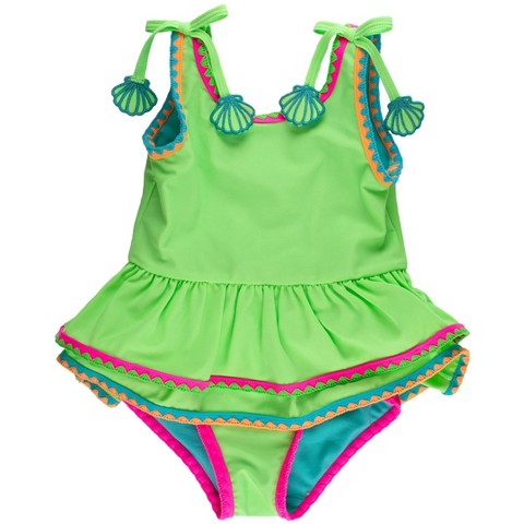 RuffleButts Girls UPF50+ Crochet Detail Peplum One Piece Swimsuit - Neon Honeydew, 7
