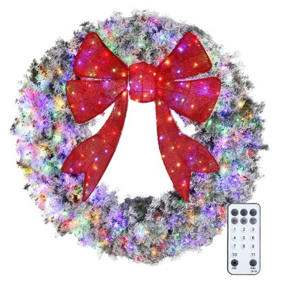 HOMCOM 60in Flocked Pre-Lit Christmas Wreath with 3D Red Bow, Christmas Wreath for Front Door with 11 Lighting Modes, 300 LED Lights