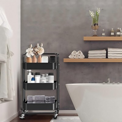 Furniinspire Utility Storage Cart Four Wheels For Smooth Movement Three Layers For Storage With Design Quick Assembly, Black, 42.50"*32.00"*10.00"
