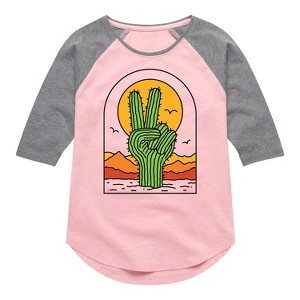Girls' - Instant Message - Cactus Peace Sign Shirt Tail Raglan Graphic T-shirt - 1 of 4