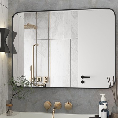 Black Metal Framed Vanity Rounded Rectangle Bathroom Mirrors for Over Sink Wall, 48x30 Matte Large Mirror