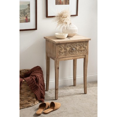 Hazelnut Rustic Wood Side Table with Carved Drawer