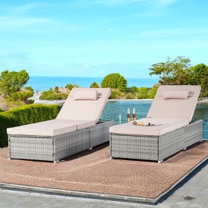 Mshliw Outdoor Chaise Lounge Chair Set of 2 with Adjustable Backrest and Cushions for Poolside, Garden, Patio, Beach - Gray Rattan with Red Cushions - 1 of 4