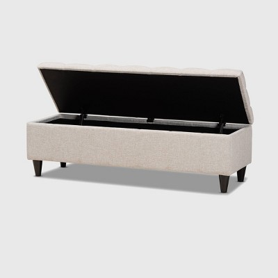 Beige Tufted Fabric Storage Bench with Dark Wood Legs