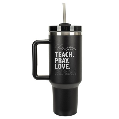 Elanze Designs Pastor Teach. Pray. Love. Repeat 40 oz. Stainless Steel, Large Water Bottle Coffee Mug, Spill & Leak Resistant, Thermal Travel Tumbler