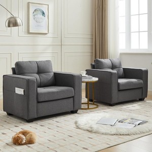 TYBOATLE Faux Leather Tufted Single Sofa set of 2, Modern Office Reading Chair, Upholstered Armchair with Wood Legs for Reading/Living Room, Dark Gray - 1 of 4