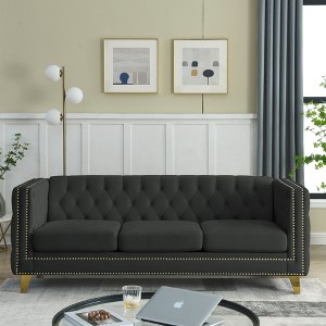 ChicFurnit Sofa Modern Velvet Button Tufted Square Arm 2 Seat / 3 Seat Sofa Comfortable and Stylish Seating Couches for Living Room, Gray/Beige/Beige - 1 of 4