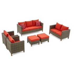 6 Piece Conversation Patio Set with Cushions and Fire Pit Table Orange - 1 of 4