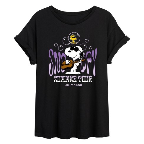 Women's Peanuts Snoopy and Woodstock Summer Tour 1968 Oversized Graphic  T-Shirt - Black - Small