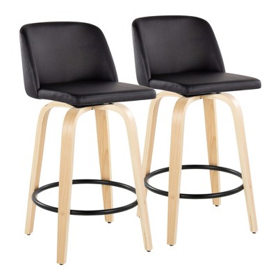 2pcs Faux Leather Upholstered Contemporary Counter Stool with Swivel and Bent Wood Legs with Round Metal Footrest for Kitchen Island or Home Bar