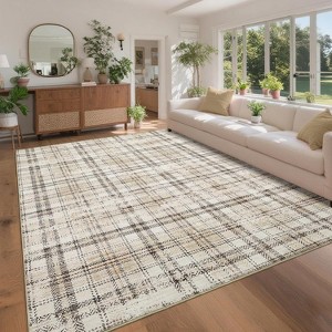Washable Modern Tartan Plaid for Kitchen & Bedroom, Non Slip, Stain Resistant Throw Rug, 2'x6', Beige - 1 of 4