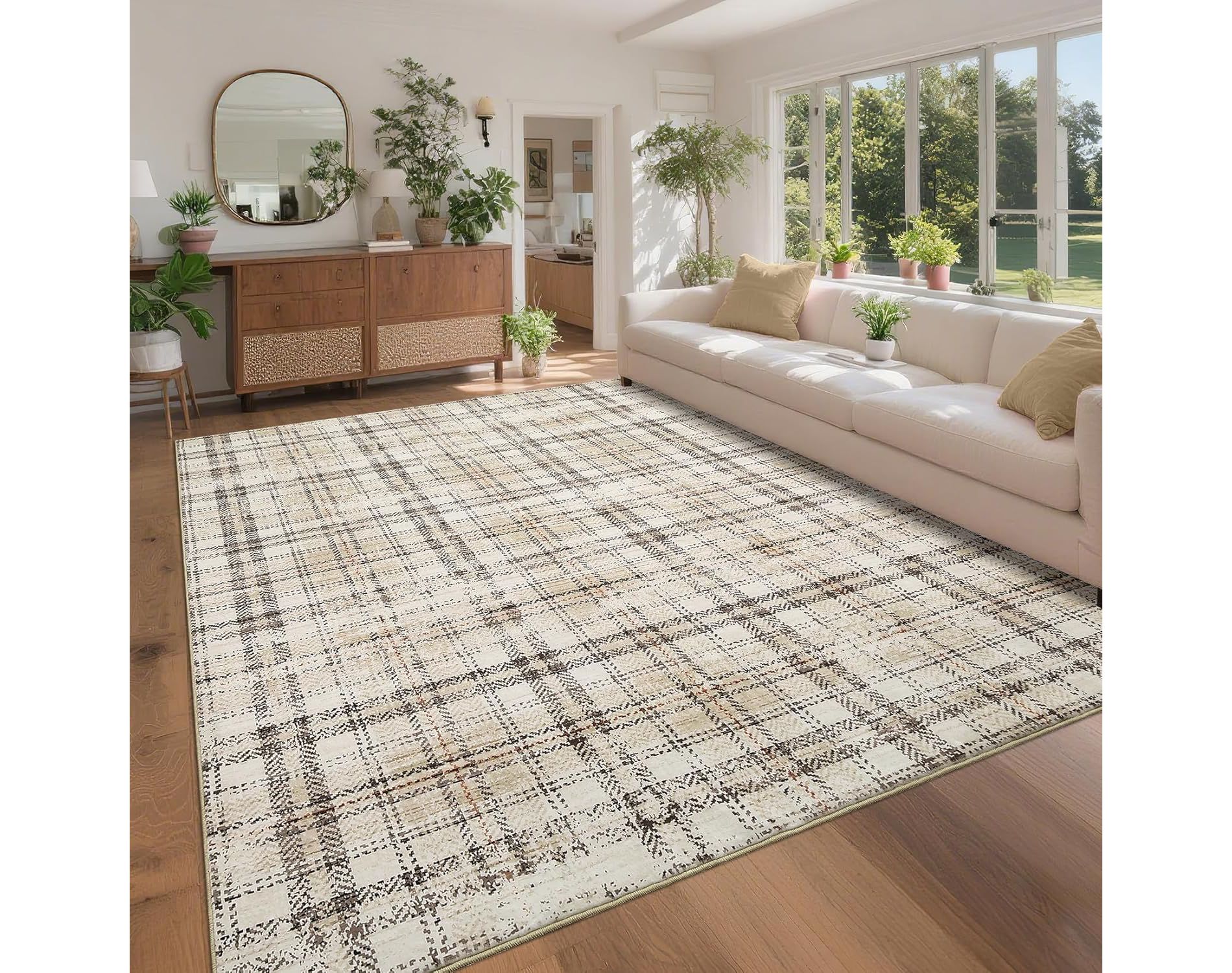 TackView Washable Plaid Area Rug, Modern Non-Slip, Stain-Resistant Floor Carpet for Bedroom, Living Room, Nursery, Dining Room