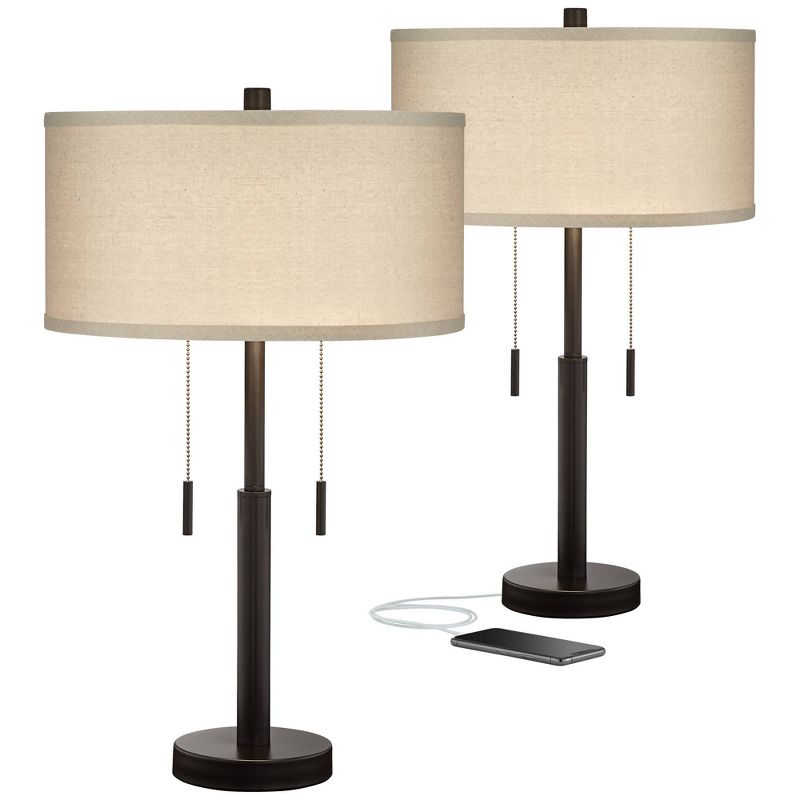 Franklin Iron Works Bernie Industrial Table Lamps 25" High Set of 2 Rich Bronze with USB Charging Port Tan Drum Shade for Bedroom Living Room Bedside, 1 of 10