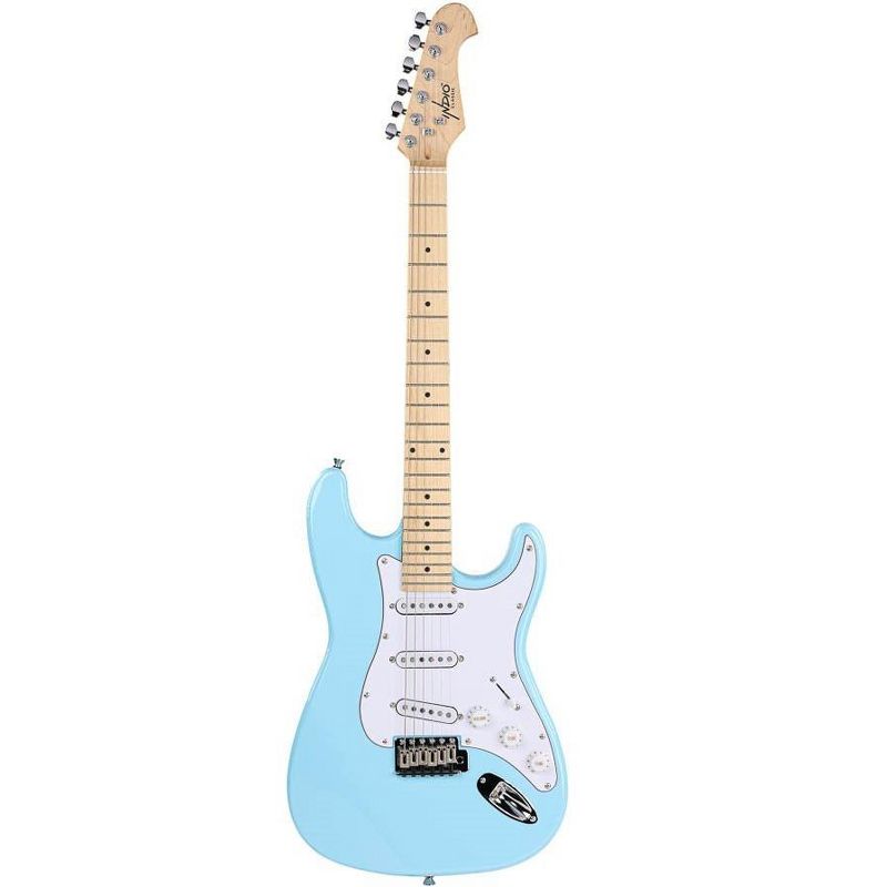 Monoprice Cali DLX Plus Solid Ash Electric Guitar, Wilkinson Bridge and SSS Pickups, with Gig Bag, Right Orientation, Light Blue with Maple Fretboard, 1 of 7
