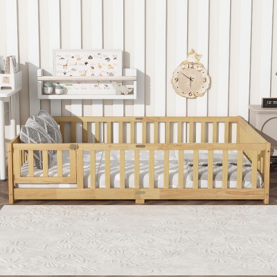 Full Size Wooden Floor Toddlers Bed with Fence and Door, Rubber Wood Montessori Platform Bed for Kids Room-Baofuwish