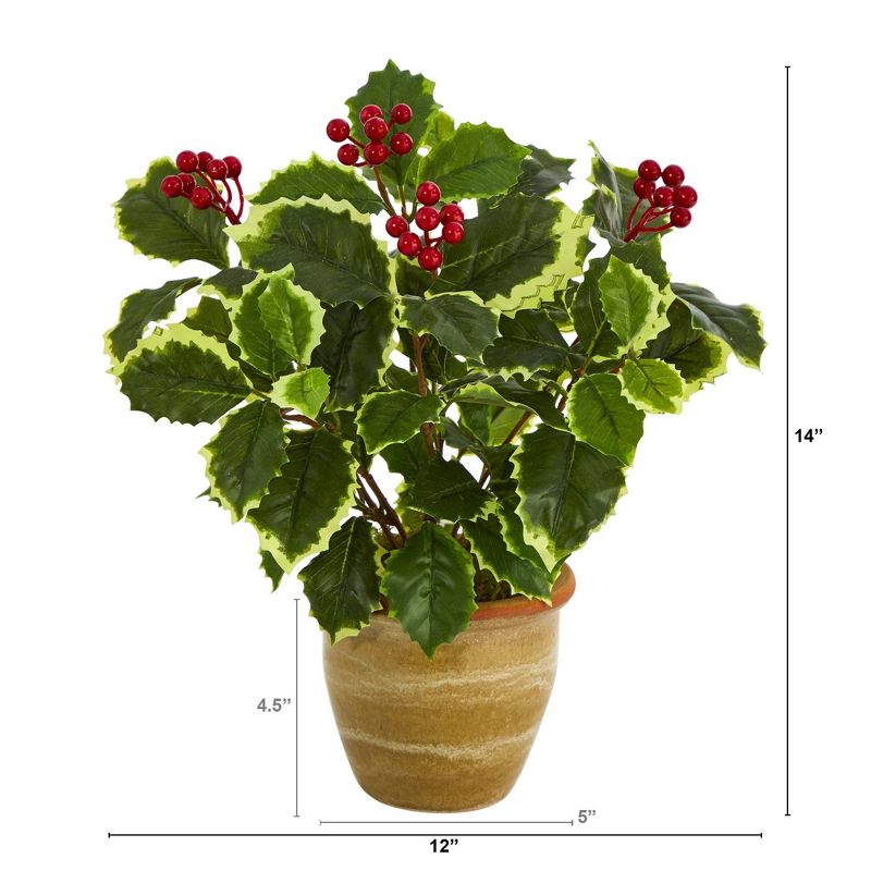 Nearly Natural 14-in Variegated Holly Leaf Artificial Plant in Ceramic Planter (Real Touch), 2 of 4
