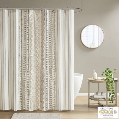 VYNXARIA 72*72"Cotton Printed Shower Curtain with Chenille,Ivory