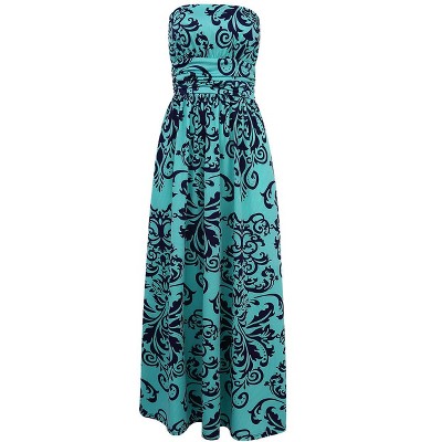 Women Ruched Strapless Maxi Vintage Floral Print Long Dress