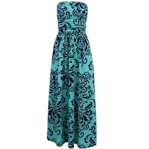 Women Ruched Strapless Maxi Vintage Floral Print Long Dress - 1 of 4