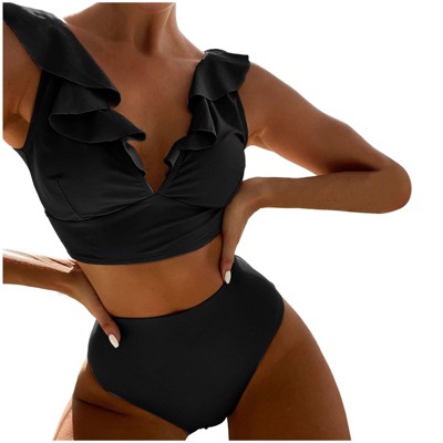Bikini Set for Women V Neck High Waist Sporty Swimsuits Ruffled V Neck Split Swimsuit Summer Beach Sets