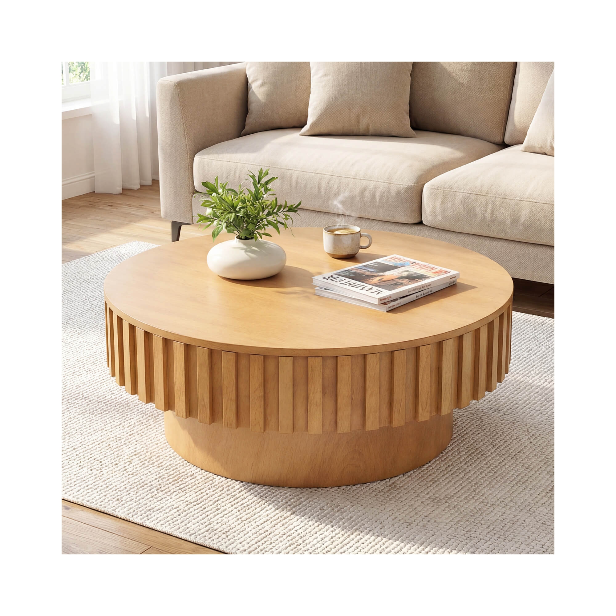 Costway Round Coffee Table with Storage, Wooden Drum Coffee Table with Hidden Compartment Natural